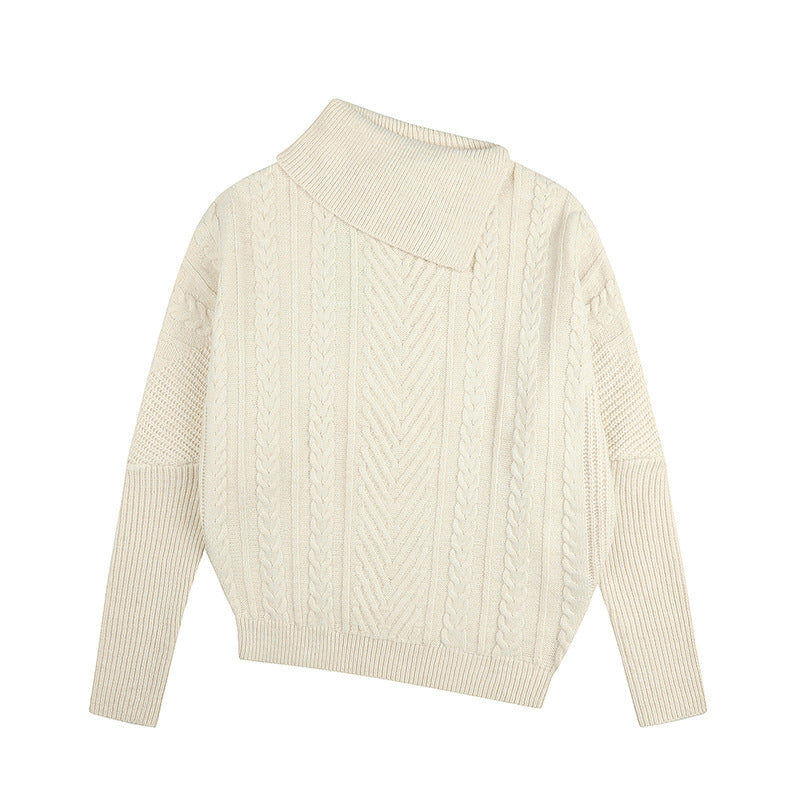 Damen asymmetrischer Zopfmuster-Pullover mit schrägem Rollkragen und Oversize-Schnitt Echoarchiv