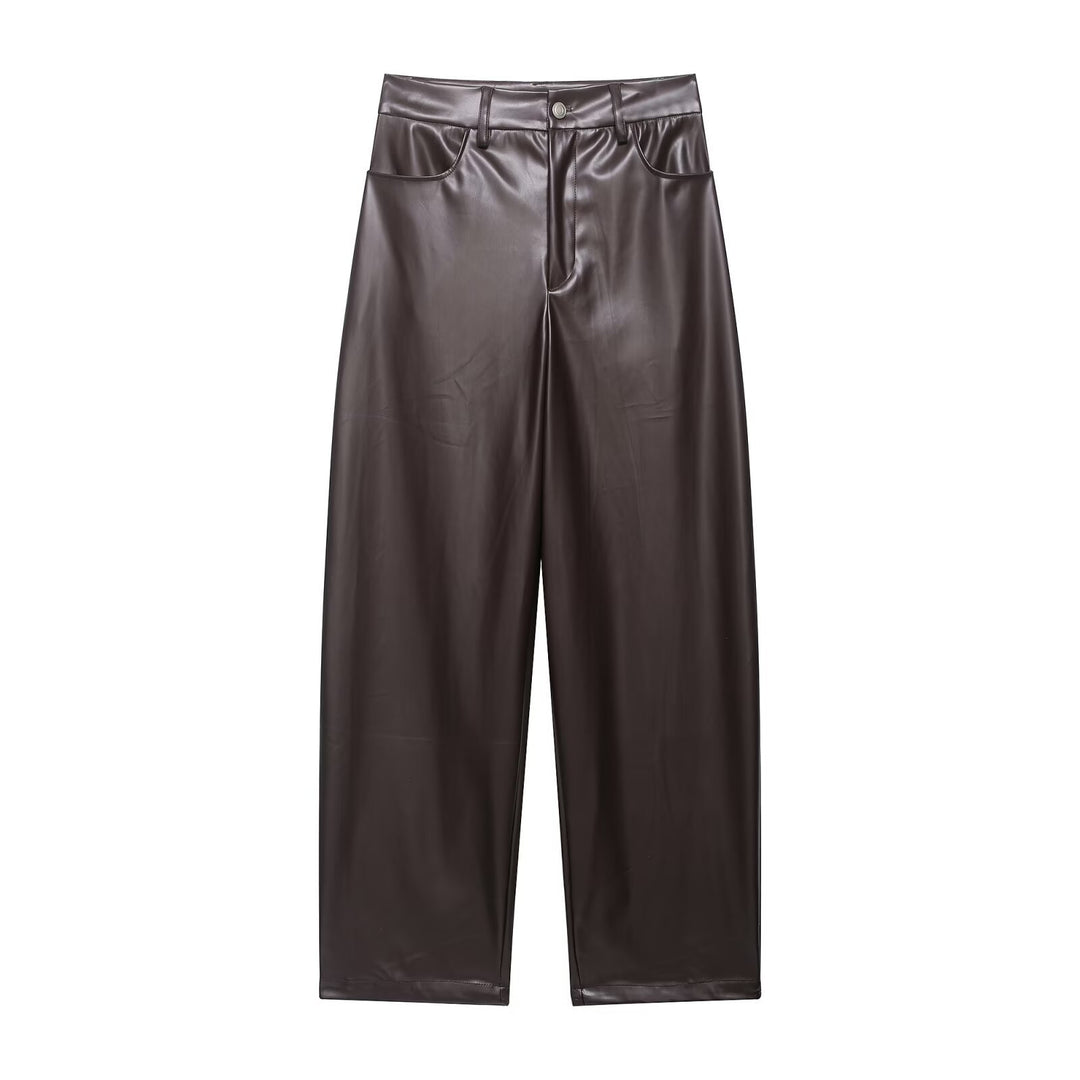 Damen Zweiteiliges PU-Leder-Ensemble mit Fieldjacke, Kordelzugtaillierung und High‑Waist Wide‑Leg Hose Echo Archiv