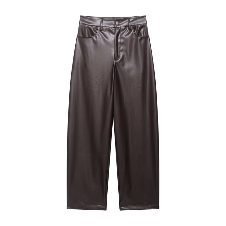 Damen Zweiteiliges PU-Leder-Ensemble mit Fieldjacke, Kordelzugtaillierung und High‑Waist Wide‑Leg Hose Echo Archiv