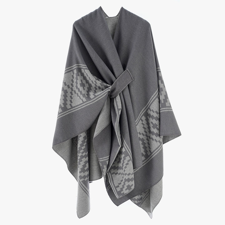 Damen Jacquard‑Ruana mit Bindegürtel und geometrischem Muster – Avérine