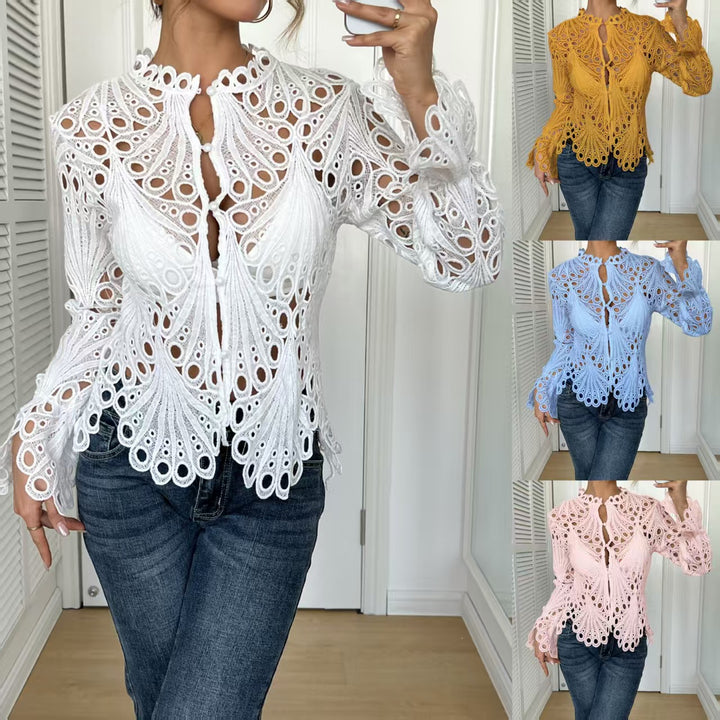 Damen nan filigrane Häkelspitzen-Bluse mit Stehkragen, Zierknopfleiste und gewelltem Saum Echo Archiv