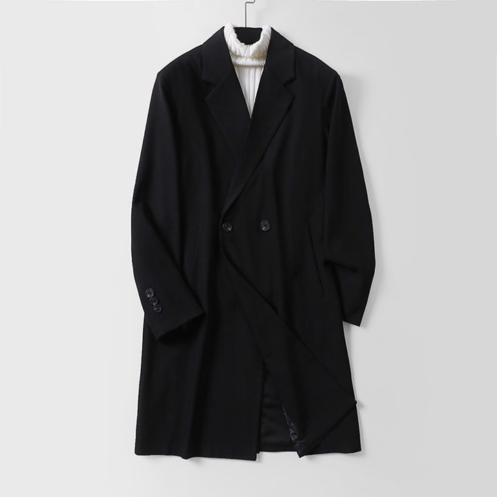 Herren Longline-Mantel im minimalistischen Schnitt mit Schalkragen und zweireihiger Knopfleiste Echoarchiv