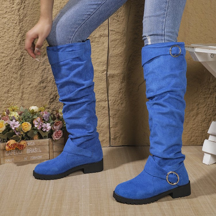 Damen kniehohe Slouch-Stiefel aus Wildlederoptik mit dekorativer Schnalle und rutschfester Profilsohle Echo Archiv