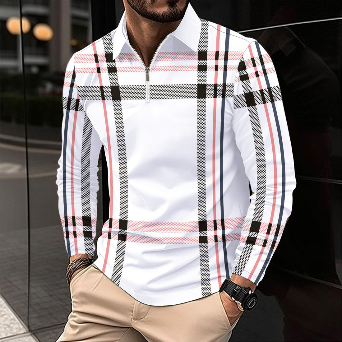 Herren modisches Langarmshirt mit modernem Zip-Kragen und auffälligem Karomuster – Arvello