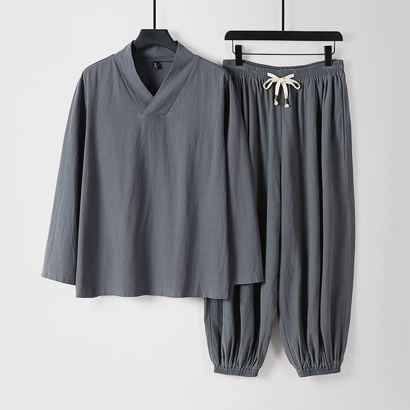 Herren Lockeres Leinen-Loungewear-Set mit V-Ausschnitt elastischem Bund und gerafften Knöcheln Echoarchiv