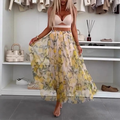 Damen nan fließender Maxi-Rock mit mehrlagigem Chiffon-Overlay, elastischem Bund und feinem Blumenprint Echo Archiv