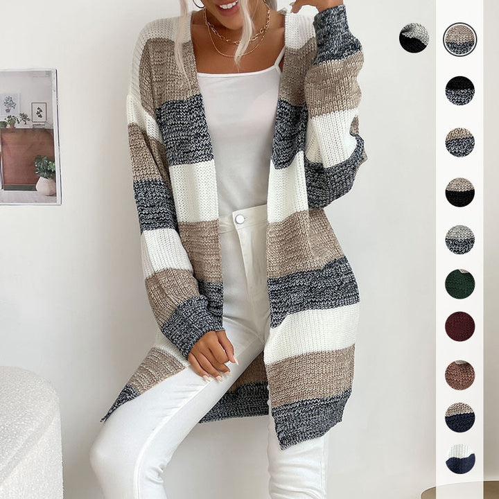 Damen Langer Oversize-Strickcardigan mit Blockstreifen und offener Front – Veloura
