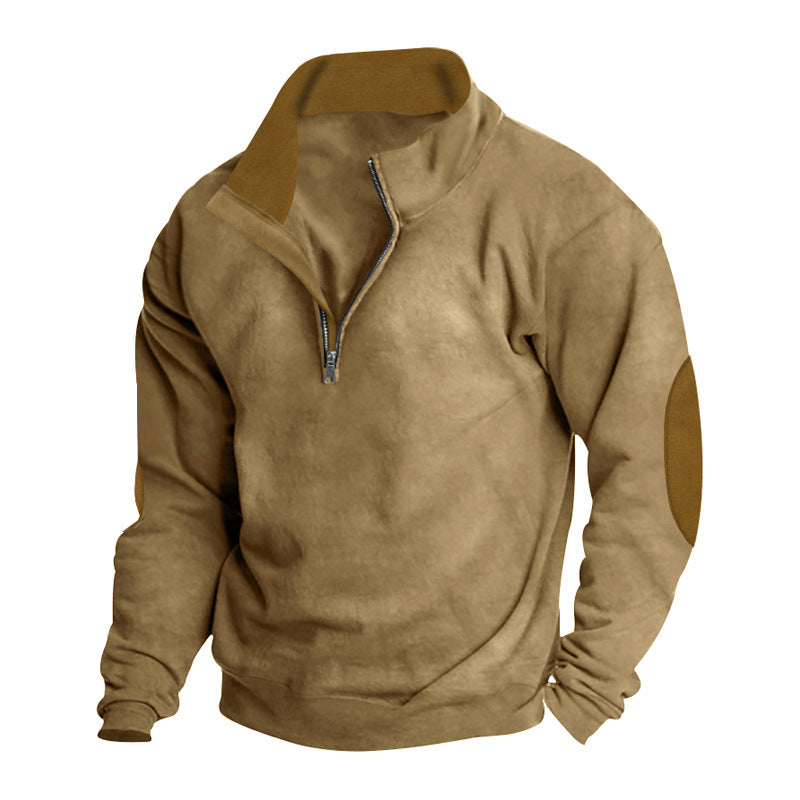 Herren nan Kurzzip-Stehkragenpullover mit Kontrastkragen und Wildleder-Ellenbogenpatches Echo Archiv