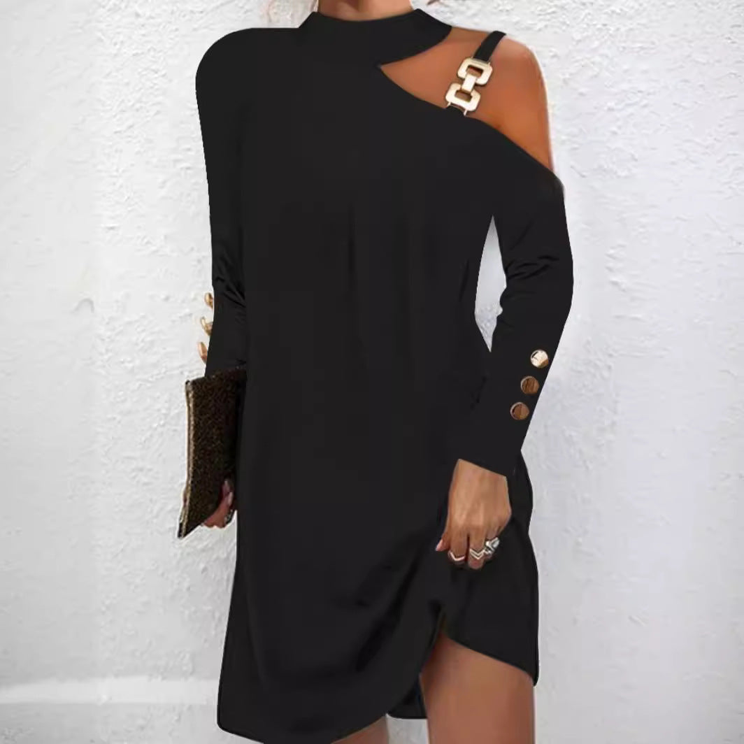 Damen nan asymmetrisches Minikleid mit Stehkragen, Cut-Out-Schulter und Zierkettenträger Echo Archiv