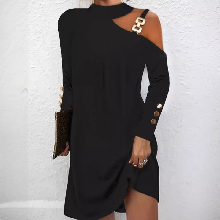 Damen nan asymmetrisches Minikleid mit Stehkragen, Cut-Out-Schulter und Zierkettenträger Echo Archiv