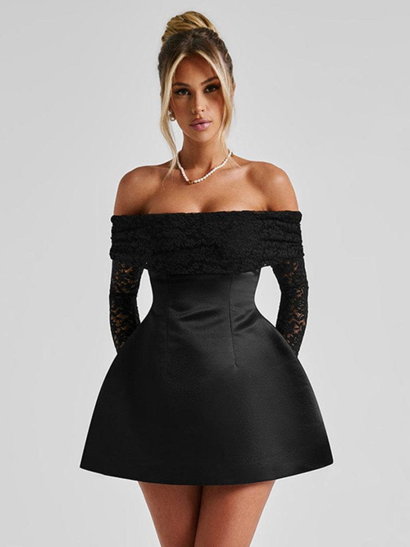 Damen Elegantes Off-Shoulder Minikleid mit Spitzenärmeln und tailliertem Schnitt Echo Archiv