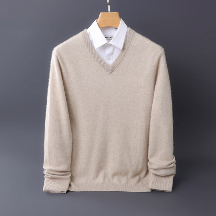Herren Feiner V-Ausschnitt-Pullover aus Merino-Kaschmir-Mix mit gerippten Bündchen Echoarchiv
