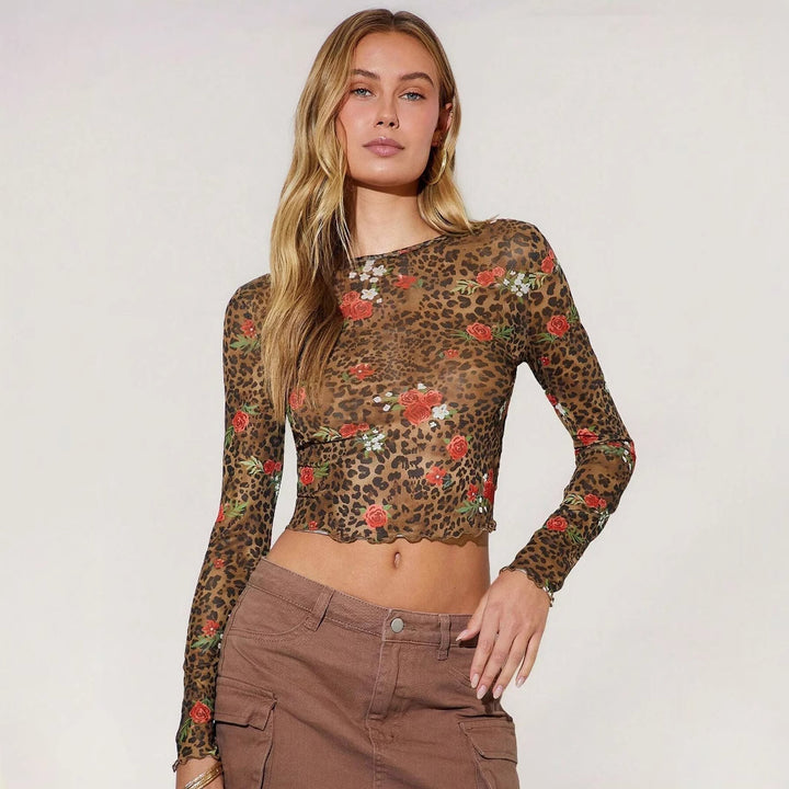 Damen nan feines Mesh-Crop-Top mit Leoparden- und Rosenprint Echo Archiv