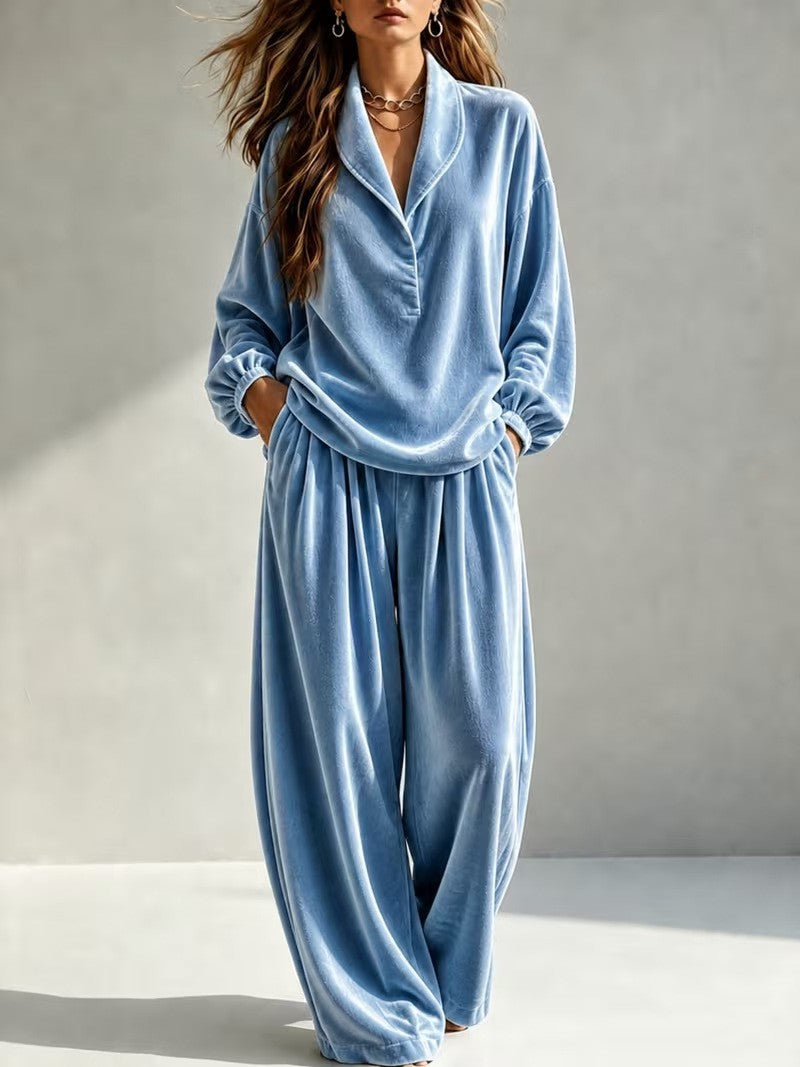 Damen Luxuriöses Velours-Loungewear-Set mit Schalkragen und weiter Palazzo-Hose Echoarchiv