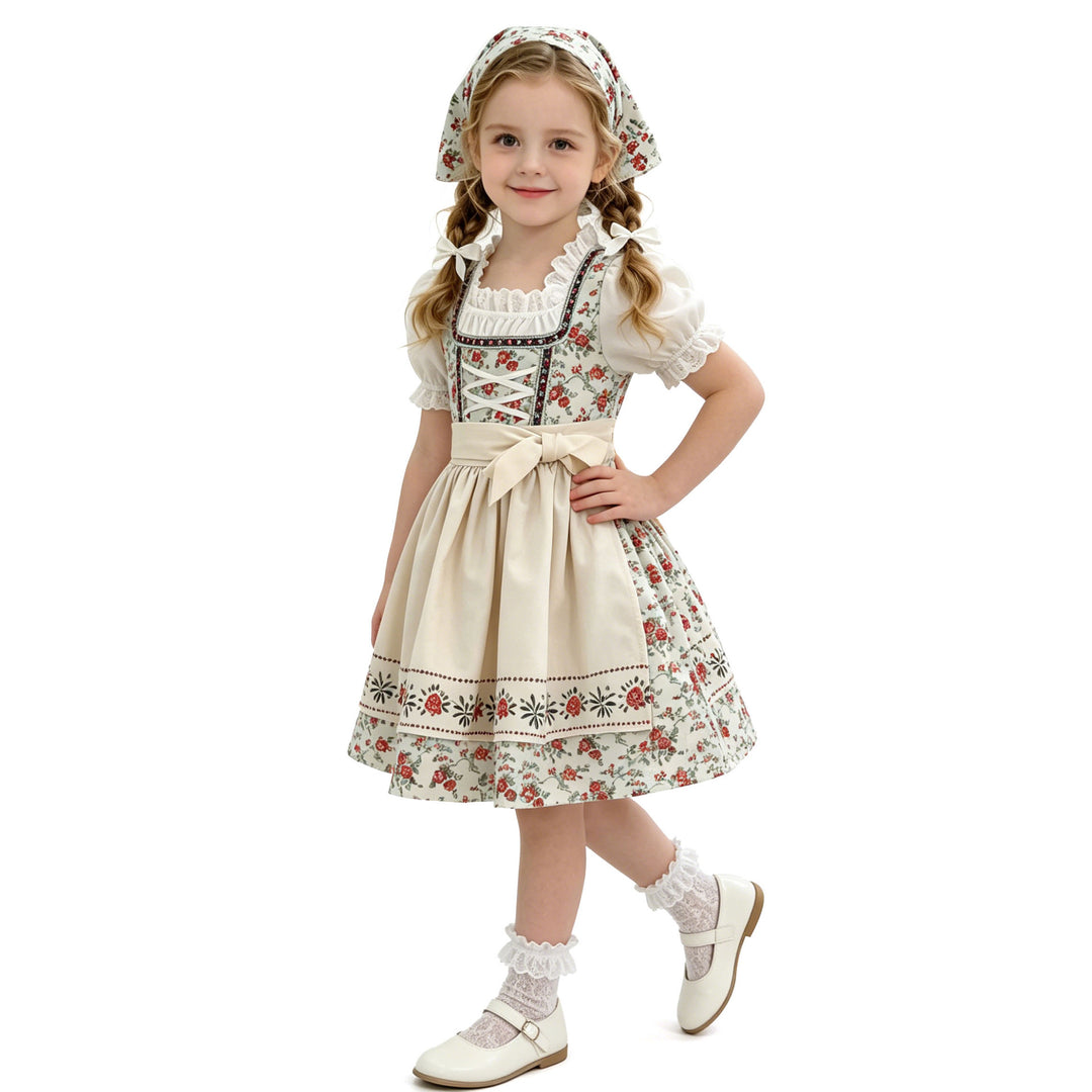 Damen nan traditionelles Kinderdirndl-Set mit Schnürkorsett, Puffärmeln und Kopftuch Echo Archiv
