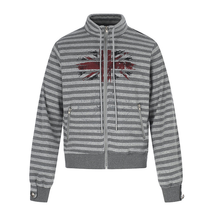 Damen Gestreifte Zip-Sweatjacke mit Stehkragen, Reißverschlusstaschen und Vintage-Flaggenprint Echoarchiv