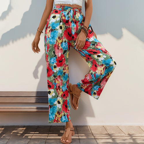 Damen Leichte High‑Waist Marlenehose mit floralem Aquarellprint, weitem Bein & Bindegürtel Echoarchiv