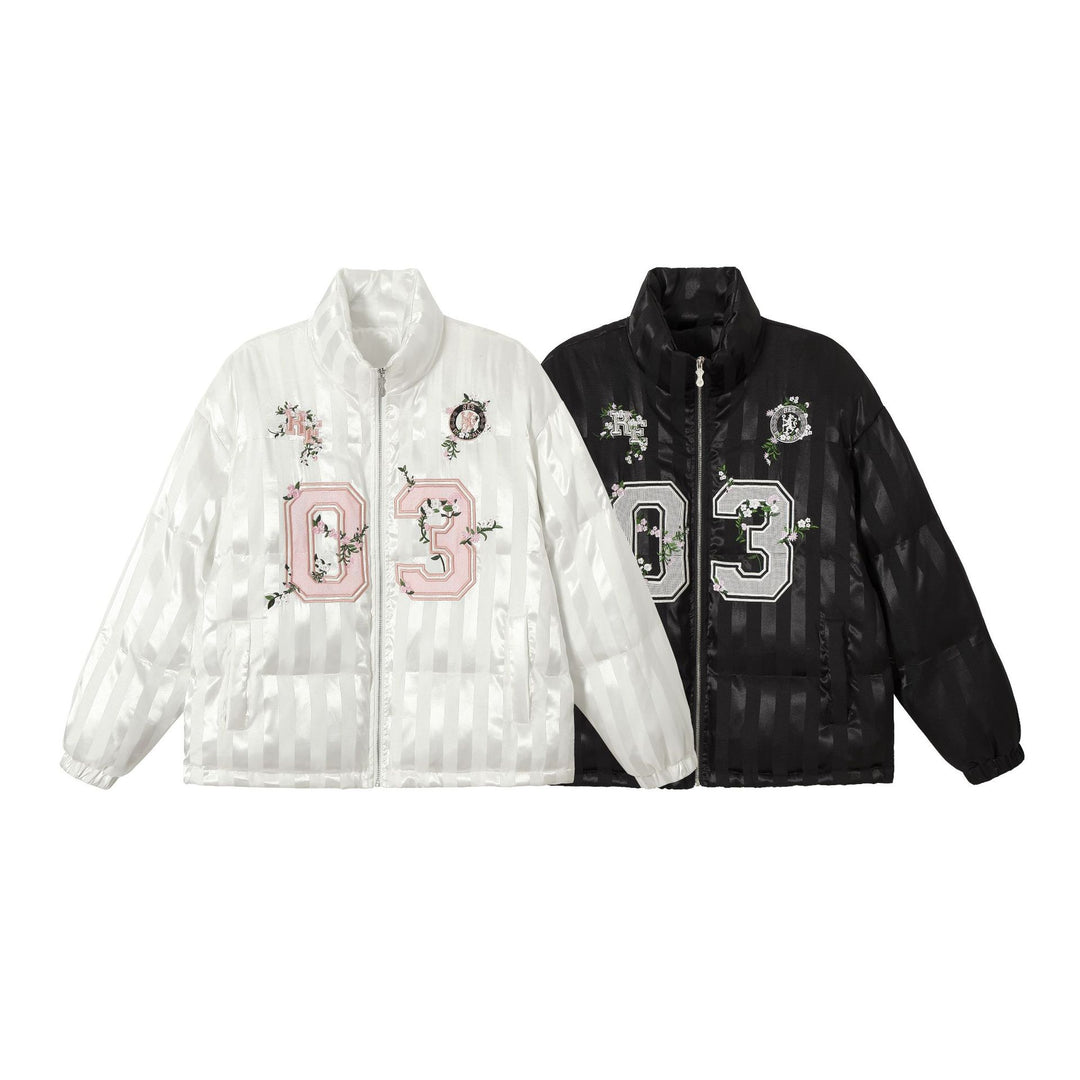 Damen Boxy gesteppte Satin‑Pufferjacke mit floralem Stickdetail Echoarchiv