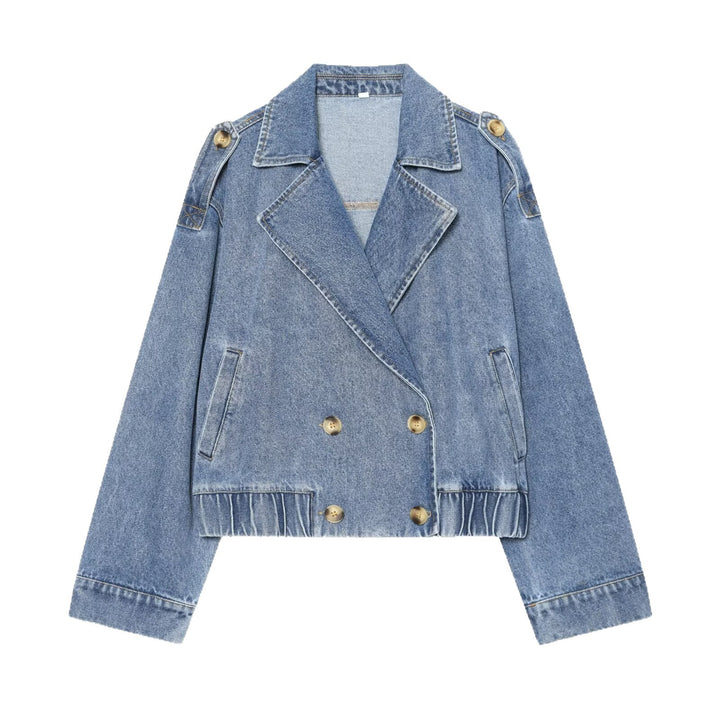 Damen Cropped Jeansjacke im Trench‑Stil mit doppelreihiger Knopfleiste und Schulterklappen Echoarchiv