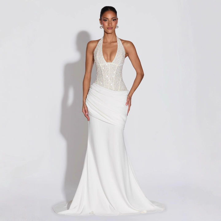 Damen Glamouröses Abendkleid mit tiefem V-Ausschnitt und dekorativen Pailletten Echo Archiv