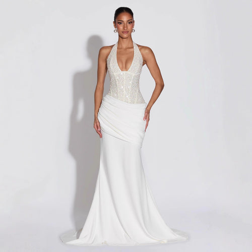 Damen Glamouröses Abendkleid mit tiefem V-Ausschnitt und dekorativen Pailletten Echo Archiv