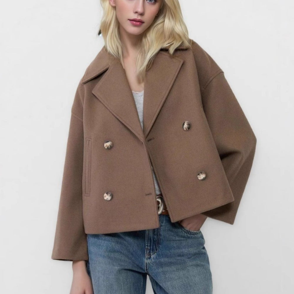Damen nan kurzes doppeltreihiges Wollmix-Manteljacke im Boxy-Cut mit weitem Reverskragen Echo Archiv