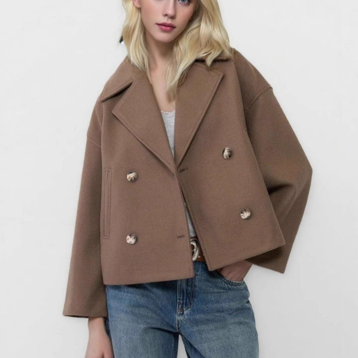Damen nan kurzes doppeltreihiges Wollmix-Manteljacke im Boxy-Cut mit weitem Reverskragen Echo Archiv