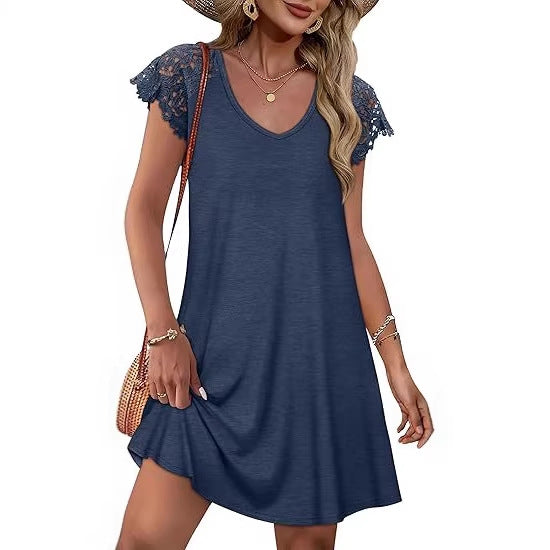 Damen Sommerkleid mit eleganten Spitzenärmeln und floralem Muster Echo Archiv