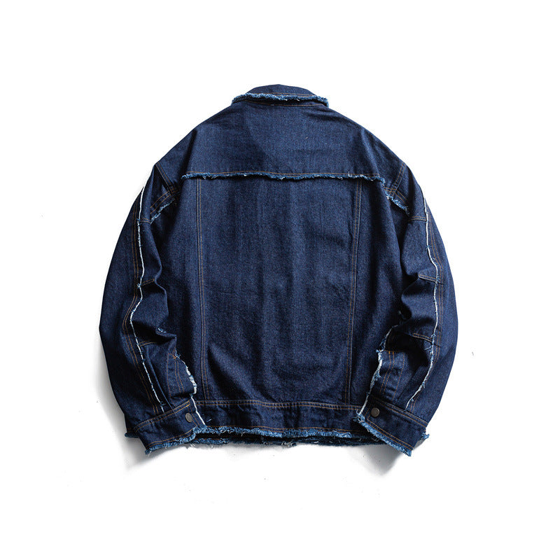 Herren Oversize Jeansjacke mit ausgefransten Kanten und großen Pattenstaschen Echoarchiv