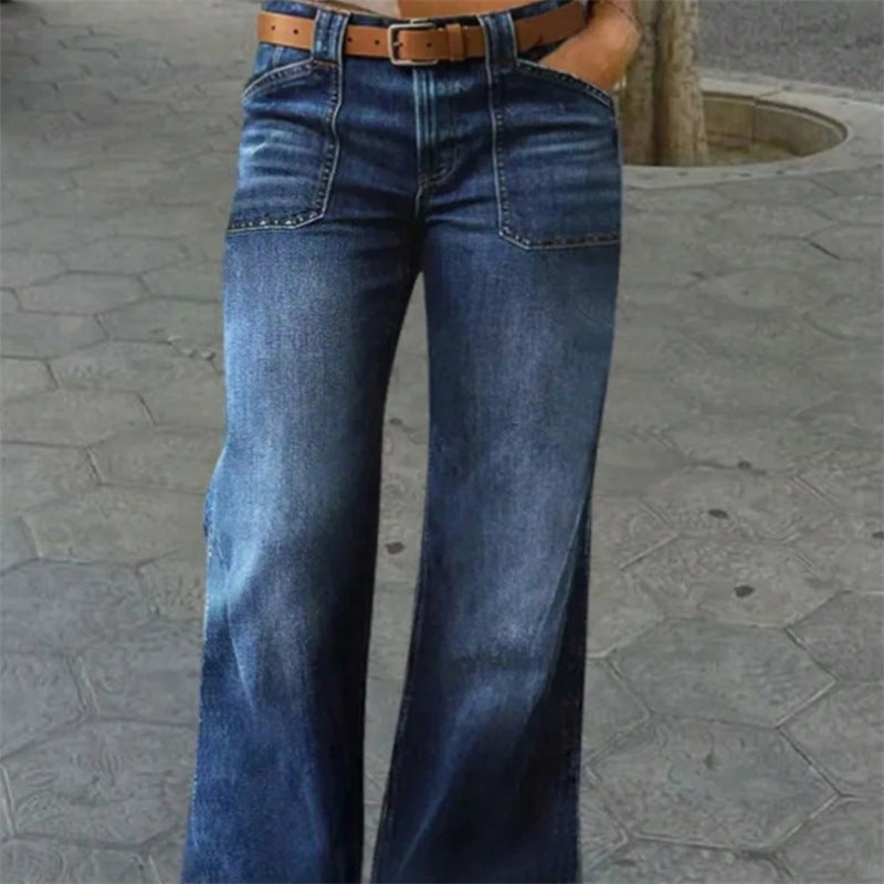 Damen Hochtaillierte Denim-Jeans mit weitem Schlagbein und aufgesetzten Vordertaschen Echo Archiv