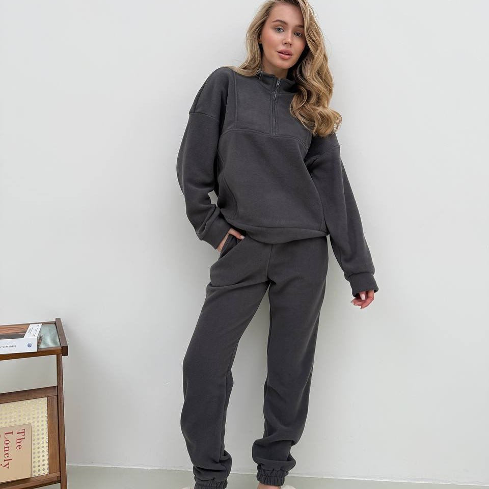 Damen Kuscheliges Fleece-Loungewear-Set mit halbem Reißverschluss und elastischer Jogginghose – Avérine