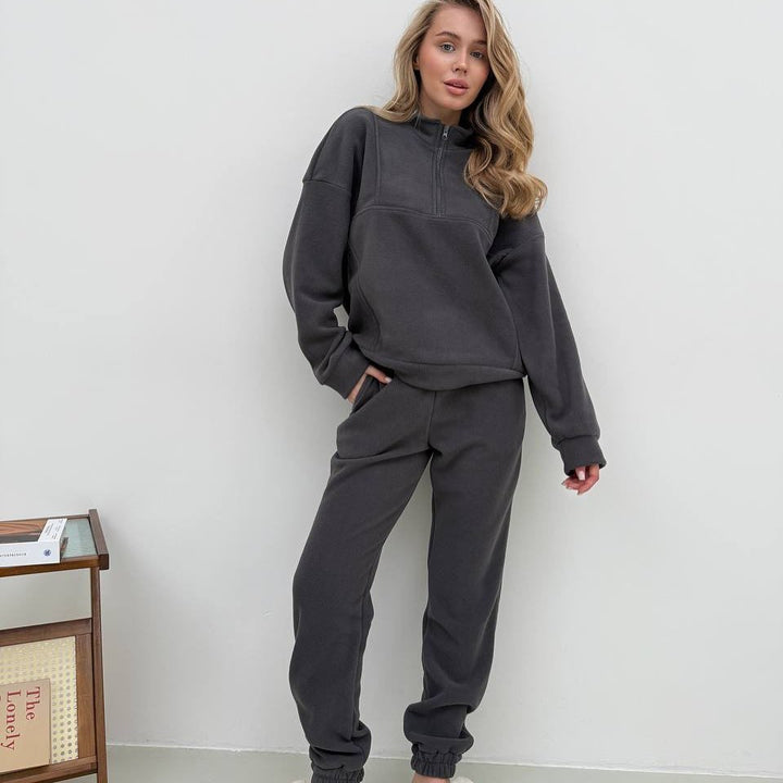 Damen Kuscheliges Fleece-Loungewear-Set mit halbem Reißverschluss und elastischer Jogginghose – Avérine