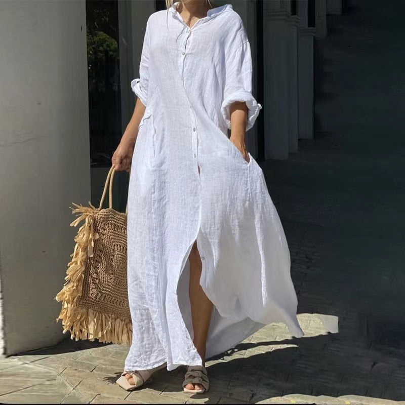Echoarchiv | Einreiher Baumwoll-Leinen Plus Size Langkleid