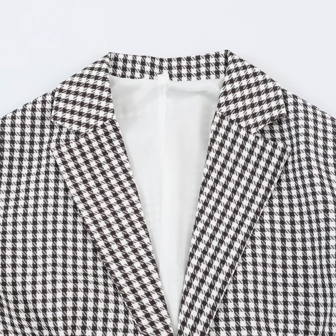 Damen Oversize-Blazer im Hahnentritt‑Muster mit Ballonärmeln und Pattentaschen Echoarchiv