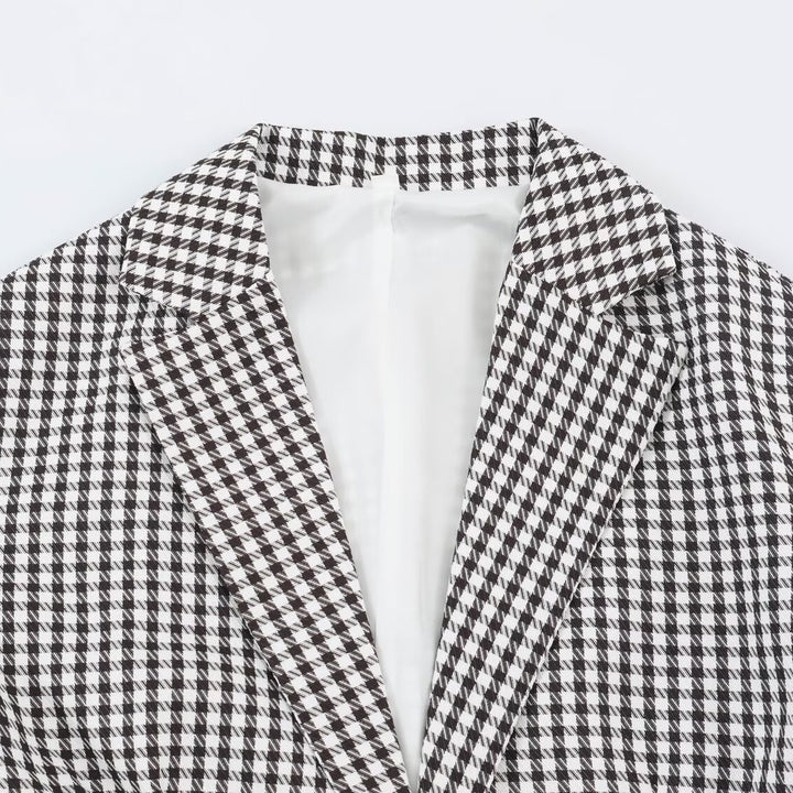 Damen Oversize-Blazer im Hahnentritt‑Muster mit Ballonärmeln und Pattentaschen Echoarchiv