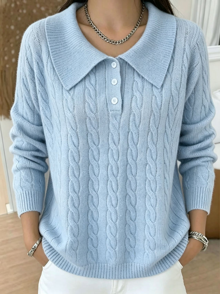 Damen Kabelstrick-Polo-Pullover mit großem Umlegekragen und lockerer Silhouette – Mavelle
