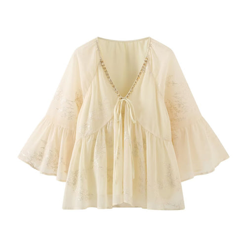 Damen leichtes Blusenshirt mit fließendem Schnitt und eleganten Bindebanddetails Echo Archiv