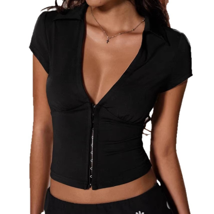 Damen Elegantes Bodysuit mit tiefem V-Ausschnitt und dekorativer Knopfleiste Echo Archiv