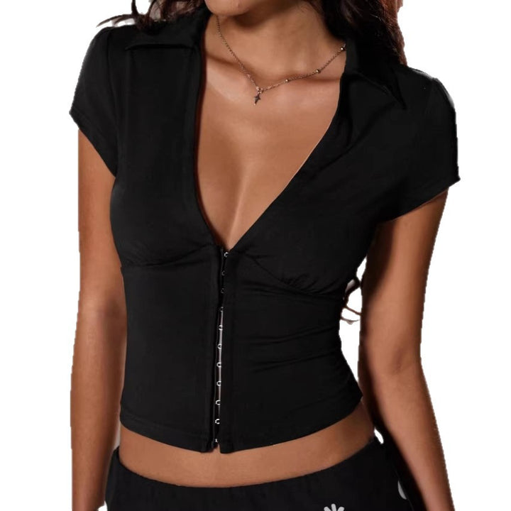 Damen Elegantes Bodysuit mit tiefem V-Ausschnitt und dekorativer Knopfleiste Echo Archiv