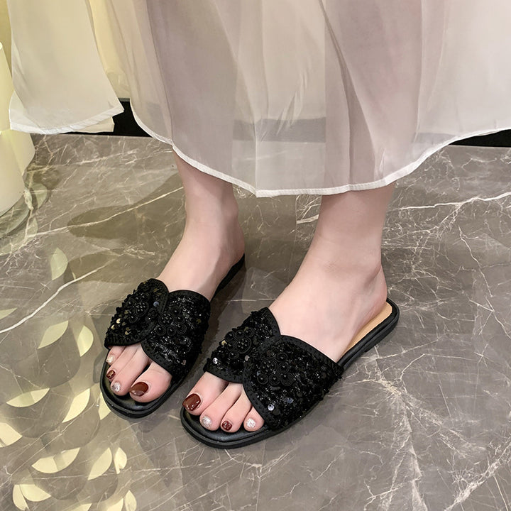 Damen nan elegante Mule mit quadratischer Zehenpartie Bouclé-Obermaterial und Perlenverzierung Echo Archiv