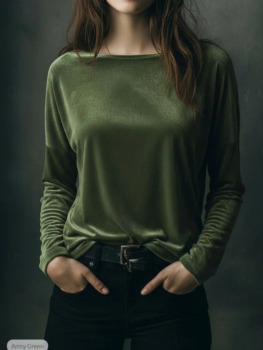 Damen Feines Velours-Langarmshirt mit U-Boot-Ausschnitt und kastiger Silhouette Echoarchiv