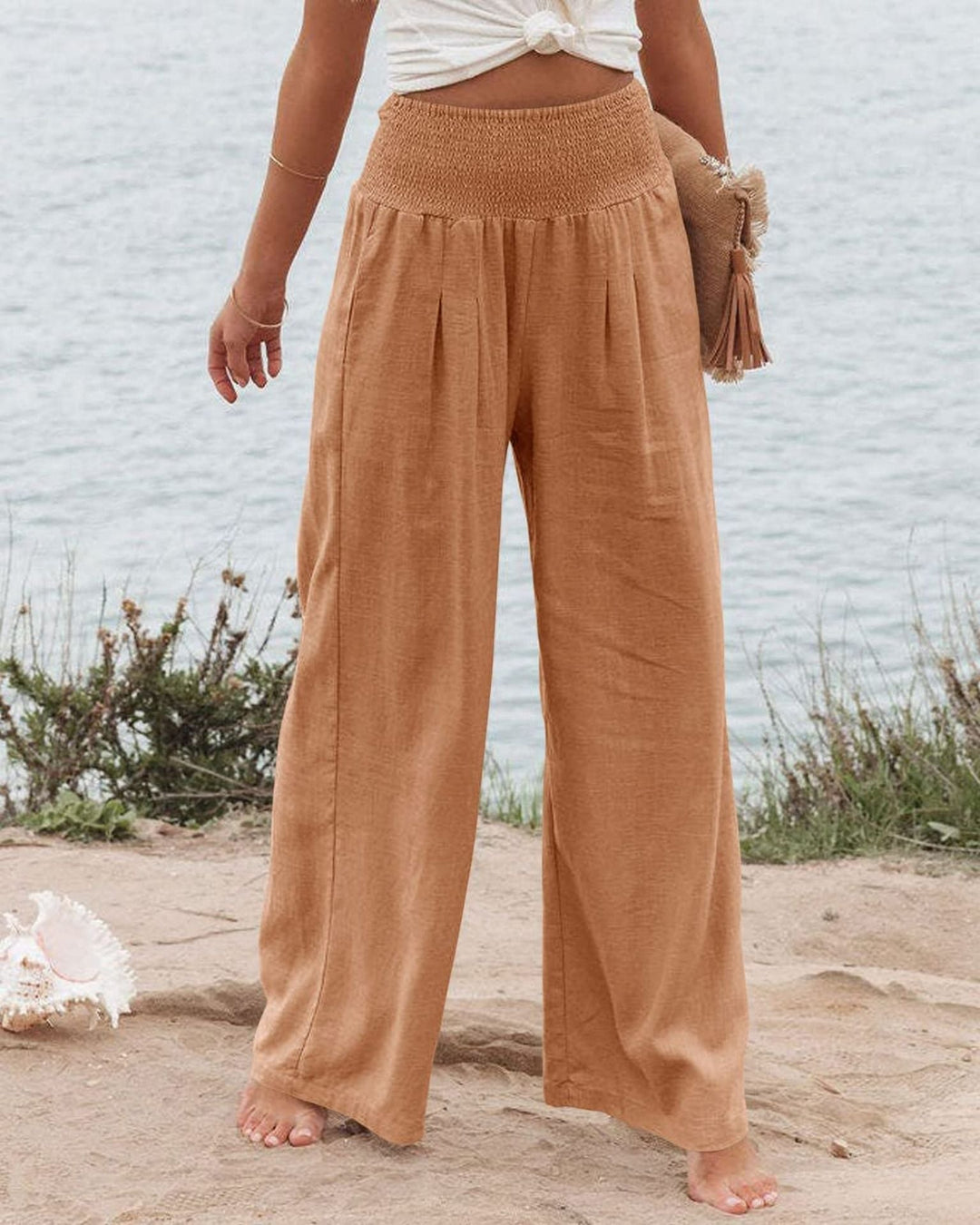 Damen Weite Leinenhose mit Elastischem Bund und Falten Echoarchiv