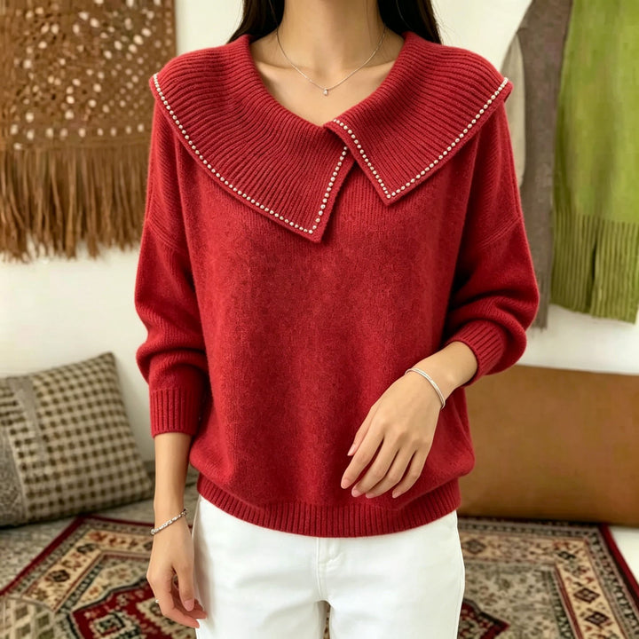 Damen Pullover mit übergroßem Matrosenkragen und Perlenbesatz – Mavelle