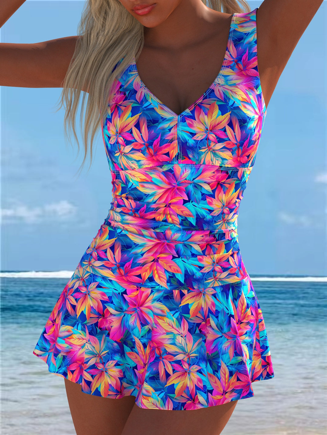 Damen Schwimmdress mit volanthaftem Saum und lebhaftem Muster Echo Archiv