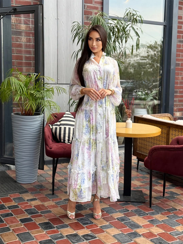 Damen Langes Chiffon-Stufenmaxikleid mit Volants & zarten Blumen-Print Echoarchiv