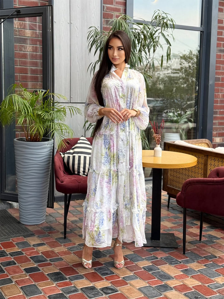 Damen Langes Chiffon-Stufenmaxikleid mit Volants & zarten Blumen-Print Echoarchiv