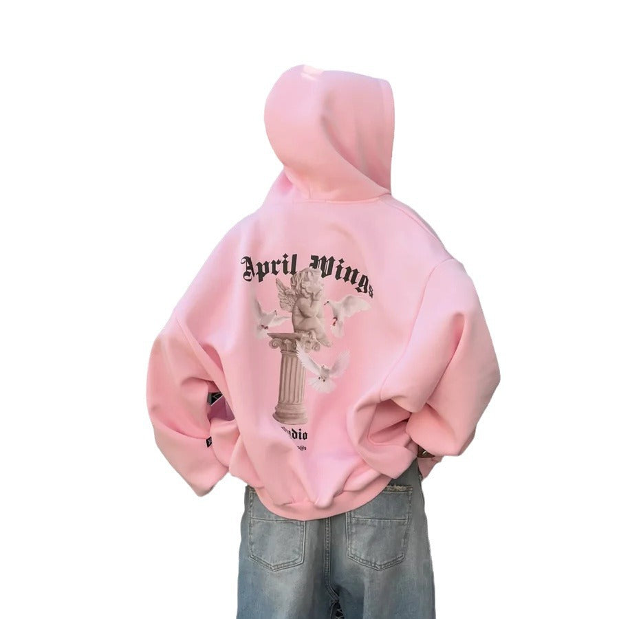 Damen oversized Kapuzenpullover mit Engels-Print und kunstvollem Rückendruck – Auréline