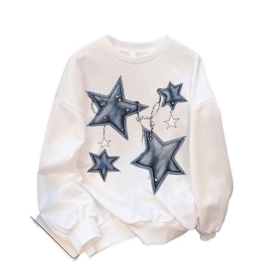 Damen nan lässiges Oversize-Sweatshirt mit gestickten Stern-Applikationen in Jeans-Optik und geripptem Saum Echo Archiv