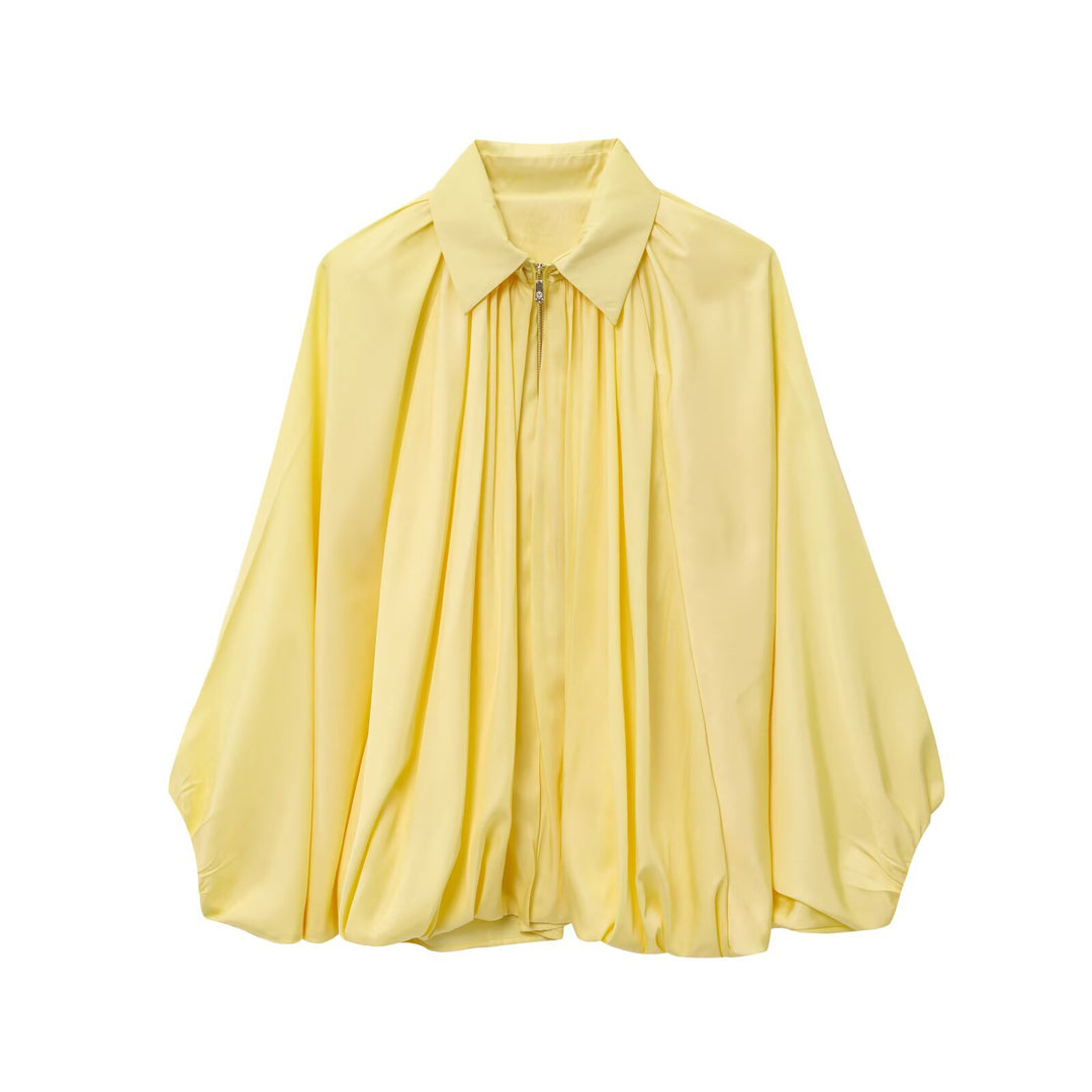 Damen weit geschnittene Cape-Bluse mit durchgehendem Reißverschluss, balloniertem Saum und gerafften Ärmeln – Élovi