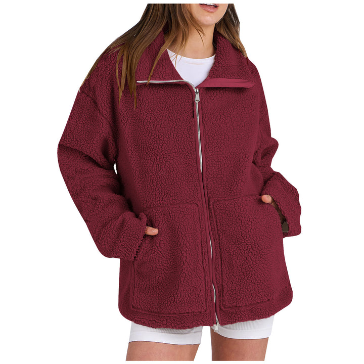 Damen nan oversized Teddyfelljacke mit Stehkragen Reißverschluss und aufgesetzten Taschen Echo Archiv